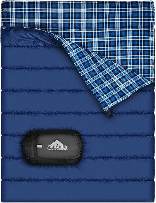 AGEMORE Cotton Flannel Double Sleeping Bag for Camping, Backpacking Or Hiking. Queen Size 2 Person Waterproof Sleeping Bag for Adults Or Teens. Lightweight with Compression Sack