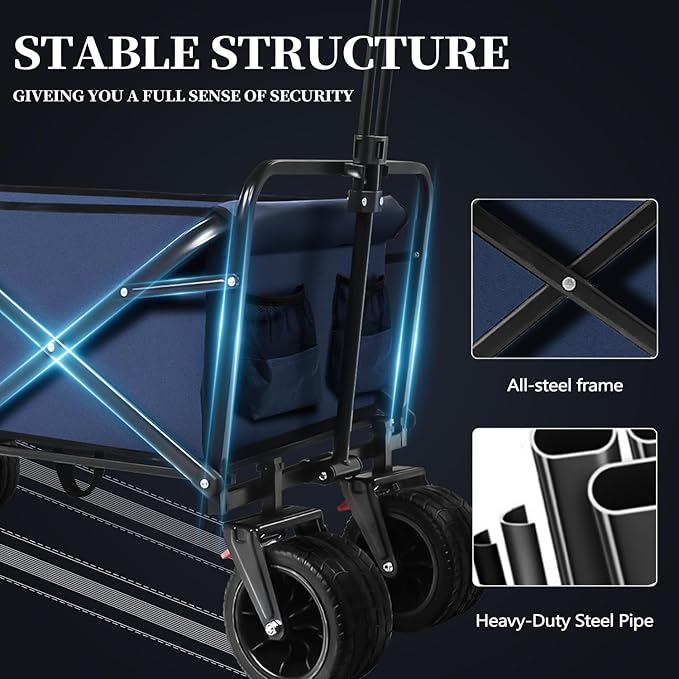 Collapsible Folding Wagon, Capacity 300lbs Heavy Duty Foldable Cart with Two Drink Holders, Portable Utility Grocery Wagon for Camping Shopping Sports, Blue
