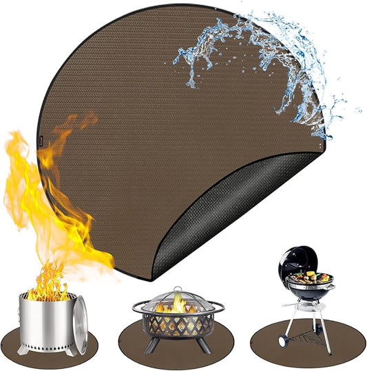Anze Round Under Grill Mat for Outdoor Grill, 39 Inch Anti-Slip BBQ Floor Mats, Easy to Clean Reusable Fireproof Grill Pad, Oil-Proof Waterproof Protector for Deck Fireplace Pit Mat Brown