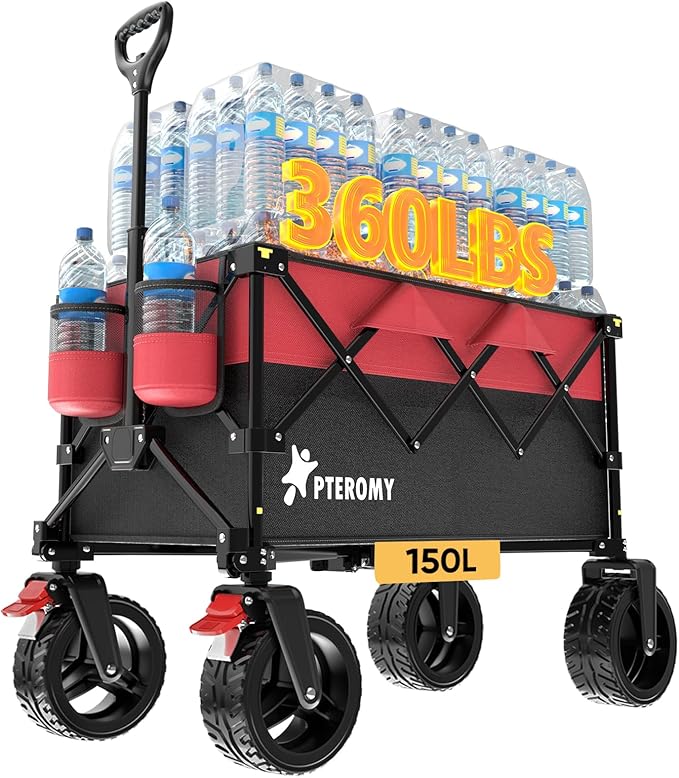 PTEROMY 150L Collapsible Wagon Cart Foldable, 360lbs Load Bearing Beach Cart Foldable Wagon for Shopping, Camping, Garden, Grocery, Outdoor (Black+Red)