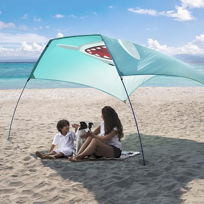 Beach Shade Canopy Sun Tent Shelter, Wind Canopy for Beach, Backyard, Park, Dessert, Light Weight, Easy Set Up, 78 Sq. Ft. of Shade for 1-3 People, Lite Blue Tint Shark