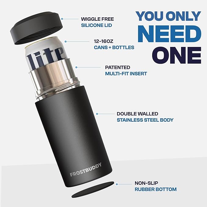 Frost Buddy Universal Buddy Can Cooler - Fits All - For Regular 12 & 16 oz or Slim-Size Bottles - Insulated Double-Walled Stainless Steel (Glitz)