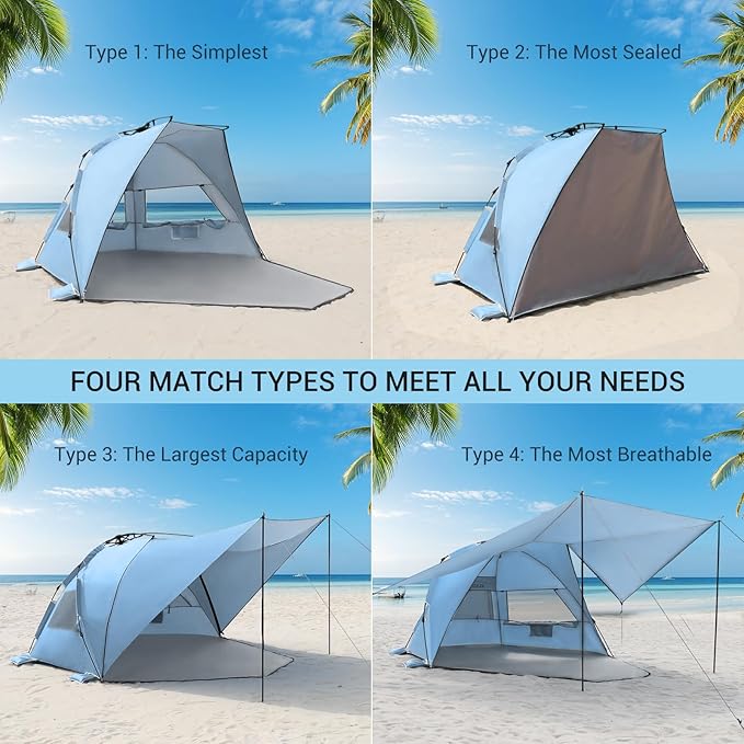 Elegear Beach Tent With 360 Removable Canopy, 4-6 Person Pop Up Sun Shade Shelter, UPF 50+ Automated Installation Double Silver Coating Portable Lightweight Cabana