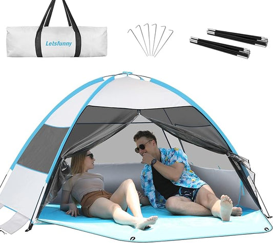 Large Easy Setup Beach Tent,Anti-UV Beach Shade Beach Canopy Tent Sun Shade with Extended Floor & 3 Mesh Roll Up Windows Fits 3-4 Person,Portable Shade Tent for Outdoor Camping Fishing