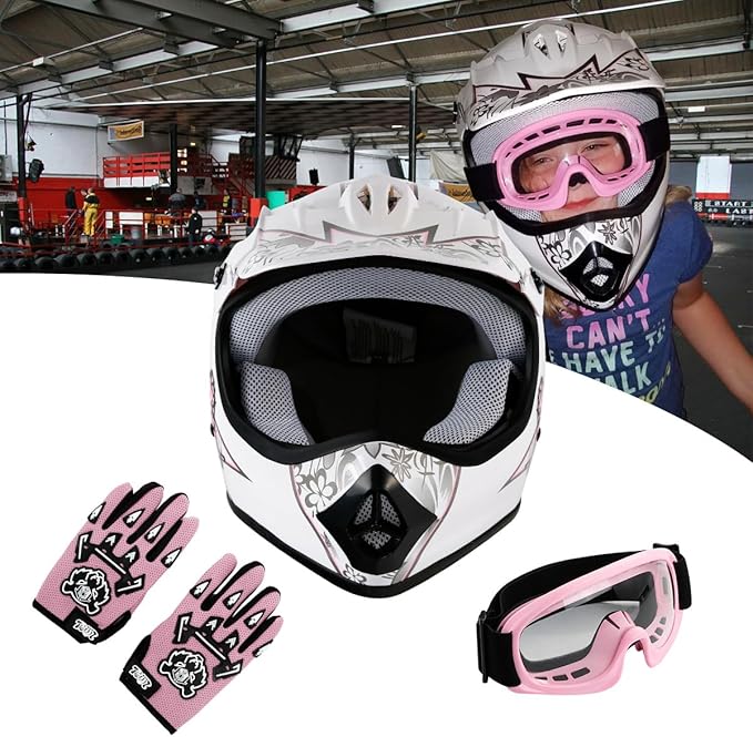 TCT-MOTORPARTS DOT Youth Kids Four Wheeler Girls Riding Helmets Motocross ATV Helmets Offroad Street Dirt Bike Go-Kart BMX MX Full Face Helmet Pink Butterfly X-Large Size