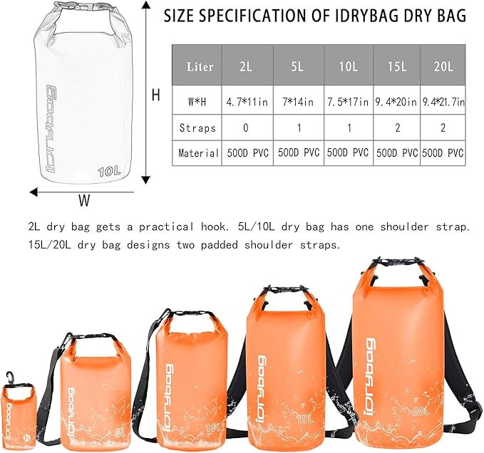 IDRYBAG Clear Dry Bag Waterproof 2L/5L/10L/15L/20L, Small Dry Sack Waterproof Bag for Kayaking