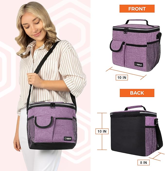 opux Insulated Lunch Bag for Men Women, Leakproof Heather Purple Lunch Box for Work, Portable Soft Lunch Cooler Bag with Shoulder Strap, Adult Lunchbox Lunch Pail for Kid Boy Girl School, 18 Can/10L