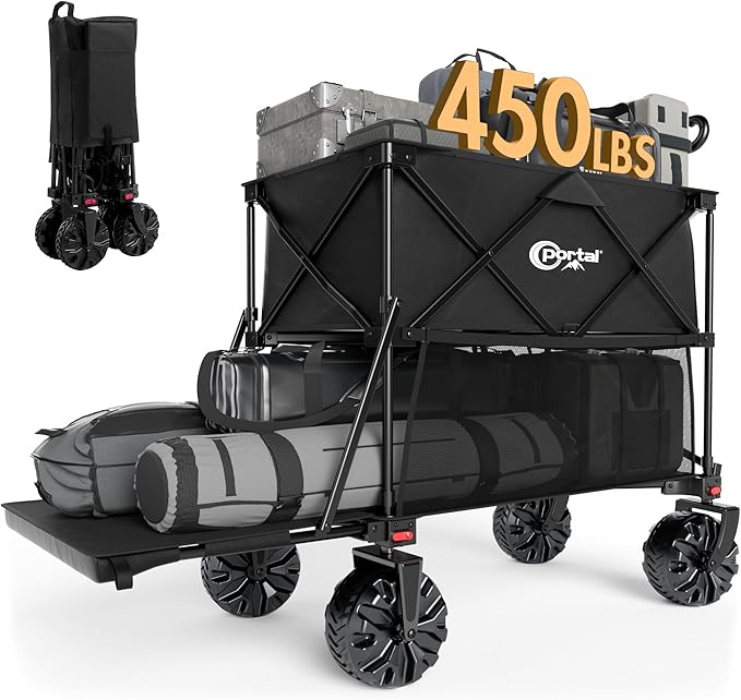 PORTAL 400L Collapsible Double Decker Wagon, Folding Wagon Cart with Tailgate, Beach Wagon with Big Wheels, 450LB Heavy Duty Foldable Wagon, Large Capacity Wagon for Camping, Sports, Garden, Baseball