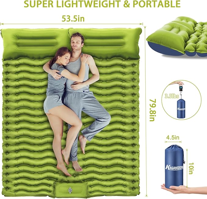 Double Camping Sleeping Pad, Extra-Thick Camping Mat for 2 Person with Pillow, Built-in Foot Pump Inflatable Sleeping Pads, Compact Camp Air Mattress for Backpacking, Hiking