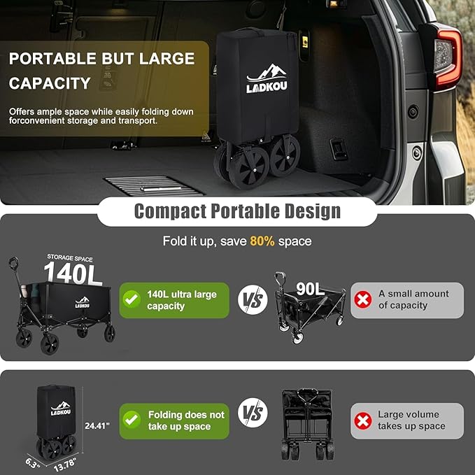 Collapsible Foldable Wagon, Heavy Duty Beach Cart with 140L Capacity and 220LBS Load, Portable Utility Grocery Wagon for Outdoor Camping Garden, Black