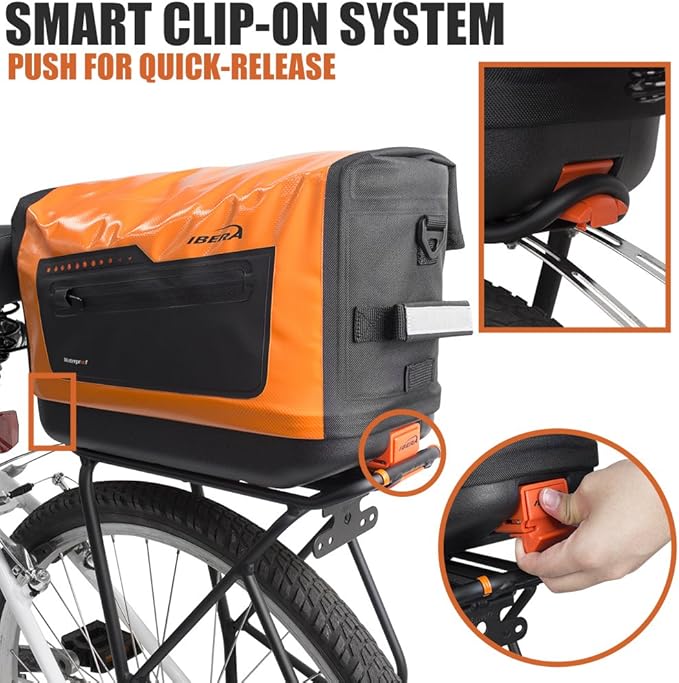 Ibera Bike Trunk Bag - PakRak Clip-On Quick-Release Waterproof Bicycle Commuter Bag