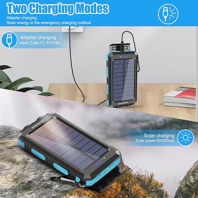 Solar Charger Power Bank, 20000mAh Portable Outdoor Waterproof Solar Battery Charger, Camping External Backup Battery Pack USB C Ports Input/Output, 2 Led Light Flashlight with Compass (Blue)