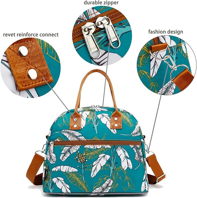 FlowFly Insulated Lunch Bag With Shoulder Strap for Women, Men, and Kids, Large and Reusable, Handle, Freezable Work and School Travel Tote and Meal Prep Organizer, leaves