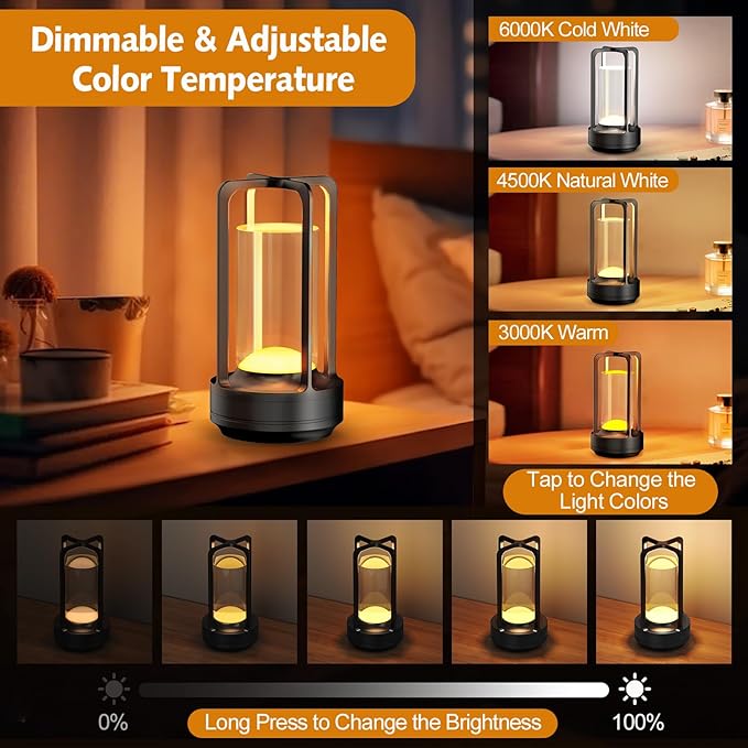 Portable Table Lamp for Outdoor Indoor: Cordless Rechargeable Desk Lamp with 3 Color Stepless Dimmable - Metal Battery Operated Small Lantern Light for Restaurant/Bedroom/Bar/Coffee Shop/Camping