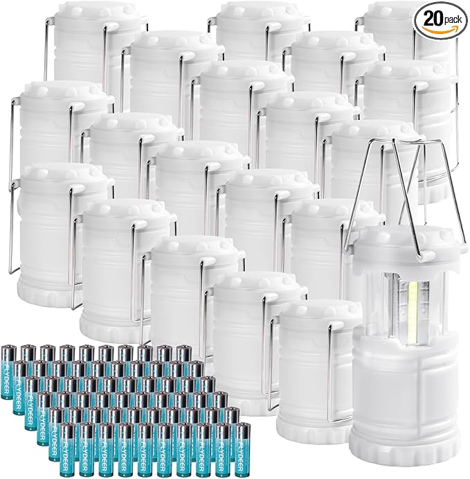 KUNHE LED 20 Pack Glow-in-The-Dark Camping Lanterns Battery Powered (Includes 60 AA Alkaline Batteries) 350 Lumens IPX4 Water Resistant Lanterns for Power Outages Emergency Hurricane Storms