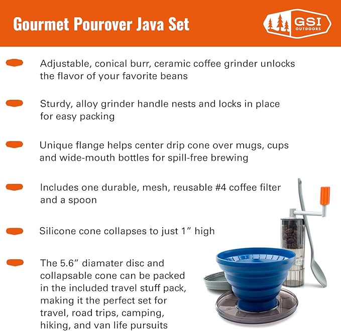 GSI Outdoors Gourmet Pour-Over Java Set I Travel Drip Coffee Set I Reusable Coffee Drip Filter & Collapsible Cone Fits All Coffee Cups & Mugs for Caravan, RV, Camping & Backpacking