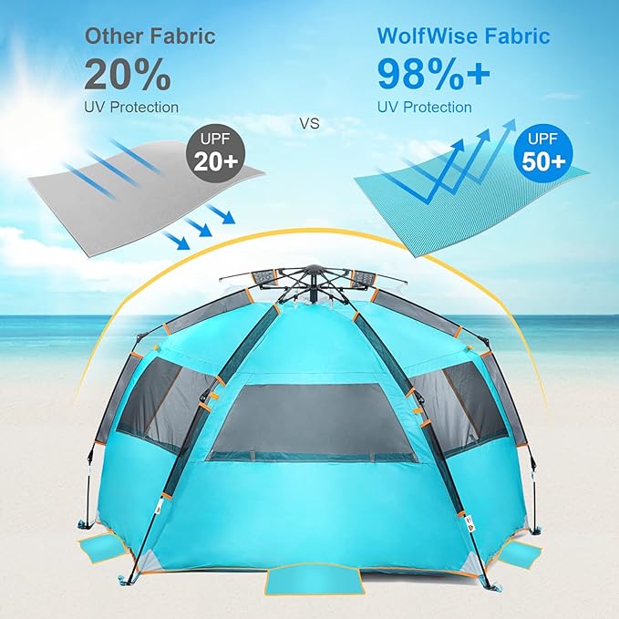 WolfWise 3-4 Person Easy Up Beach Tent UPF 50+ Portable Instant Sun Shelter Canopy Umbrella with Extended Zippered Porch, Blue