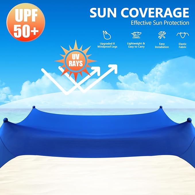 Beach Tent Sun Shelter, 10 x 10 FT Beach Canopy Tent Sun Shade Heavy Duty, UPF50+ Beach Tent Canopy with 8 Sandbags & 4 Stability Poles, Outdoor Beach Shade Canopy for Camping and Fishing, Blue