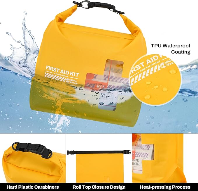 RHINO RESCUE Waterproof First Aid Kit, Lightweight Boat Dry Bag, Emergency Survival Supplies for Outdoor Kayak Floating Swimming & Camping FSA HSA Eligible (Yellow)