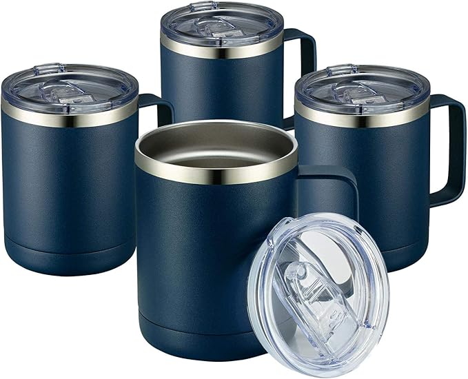 MEWAY 12oz Coffee Mug With Handle 4 Pack Bulk,Stainless Steel Insulated Travel Tumblers With Sliding Lid,Double Wall Vacuum Camping Cup for Hot & Cold Drinks Tea (Navy,Set of 4)