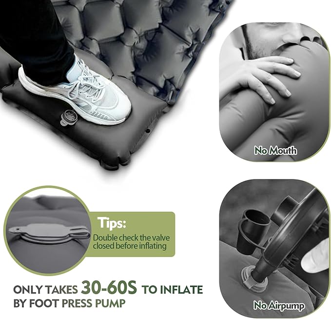 Camping Sleeping Pad, Ultralight Camping Mat with Pillow Built-in Foot Pump Inflatable Sleeping Pads Compact for Camping Backpacking Hiking Traveling Tent (Grey, Double)