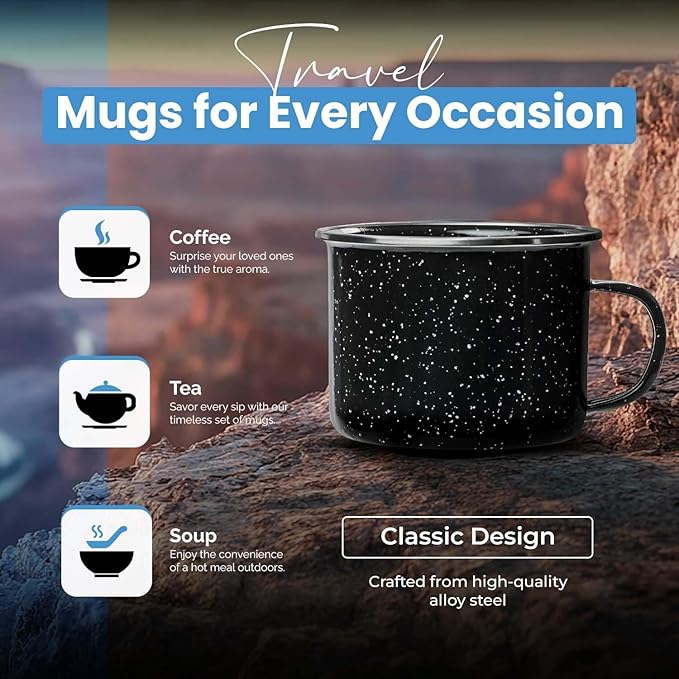Toughty Enamel Camping Mug – Retro Vintage Campfire Tin Cup, Rustic Backpacking Mug for Hiking, Coffee, Farmhouse, Diner, Hot Drinks, Tinware, and Backpacking Gear – Set of 4 – Black – 16 Oz