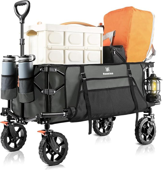 Navatiee Collapsible Folding Wagon, Heavy Duty Utility Beach Wagon Cart with Side Pocket and Brakes, Large Capacity Foldable Grocery Wagon for Garden Sports Outdoor Use, S1, Gray
