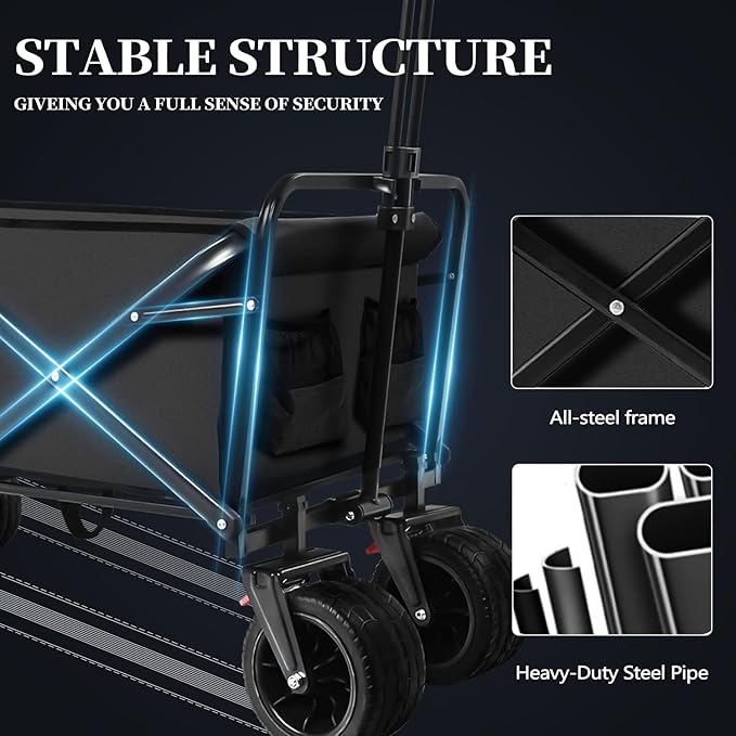Collapsible Folding Wagon, Capacity 300lbs Heavy Duty Foldable Cart with Two Drink Holders, Portable Utility Grocery Wagon for Camping Shopping Sports, Black