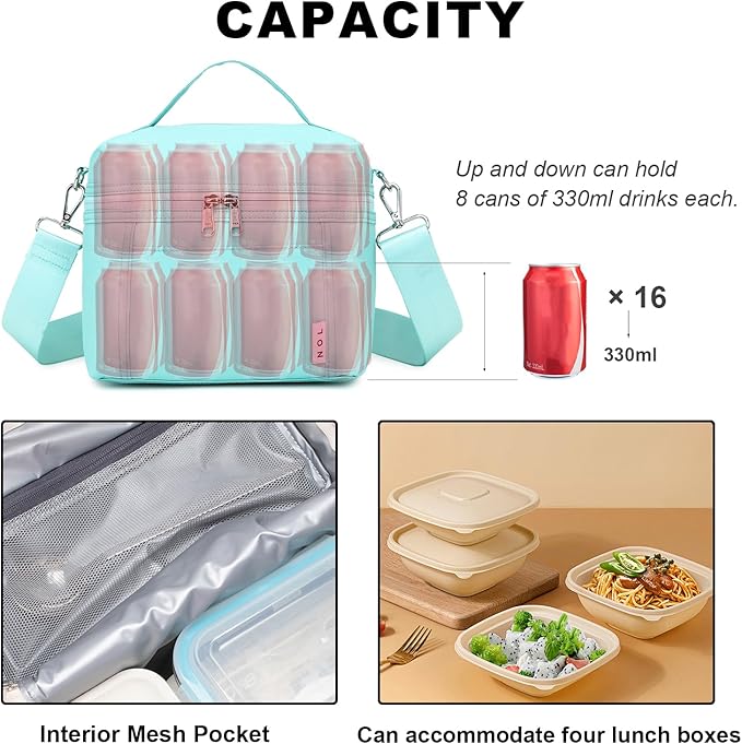 NOL Natural Organic Lifestyle Insulated Lunch Bags for Women Cooler Bag Lightweight Nylon Waterproof Lunch Box For Work (Cyan, Medium(normal))