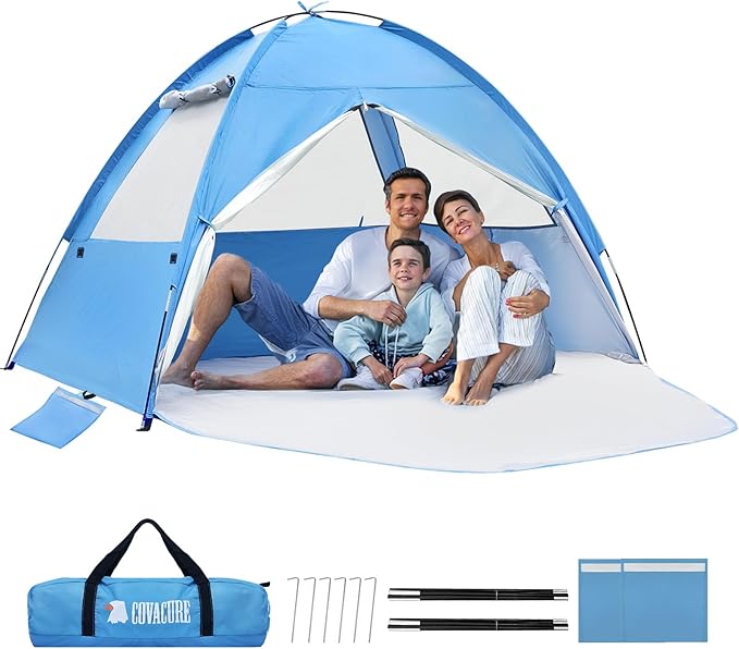 COVACURE Beach Tent Sun Shelter for 3-4 Person - UPF 50+ UV Protection Beach Shade, Waterproof & Lightweight, Easy Setup Portable Sun Canopy for Camping, Fishing, Beach