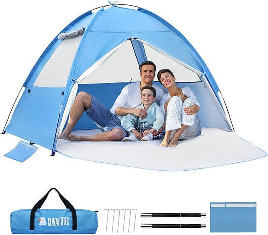 COVACURE Beach Tent Sun Shelter for 3-4 Person - UPF 50+ UV Protection Beach Shade, Waterproof & Lightweight, Easy Setup Portable Sun Canopy for Camping, Fishing, Beach
