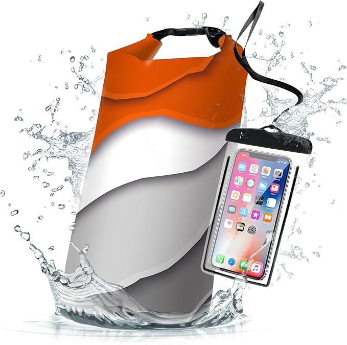 Waterproof Dry Bag,Roll Top Orange Gray Geometric Modern Waterproof Backpack 5L/10L/20L Floating and Lightweight Bags for Kayaking, Boating, Fishing, Swimming and Camping with Waterproof Phone Case