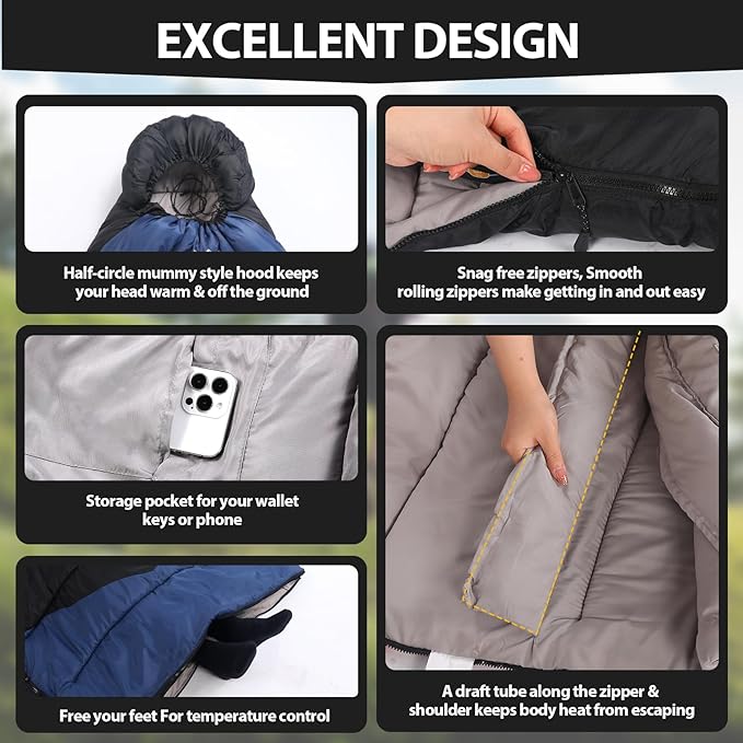 Adult Kids Sleeping Bag - All Season Warm/Cold Weather Lightweight for Camping & Hiking - Compact w/Compression Sack - Portable for Backpacking Travel Indoor - Unisex Boy Girl Man Woman