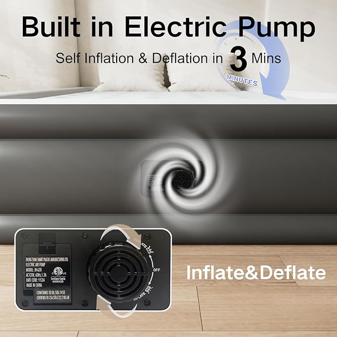 Air Mattress Full with Built in Pump, Quick Self Inflatable Mattress, 18" Raised Portable Air Mattress with Built in Pump, Blow up Air Bed for Travel, Camping and Guests. (18" Full, Gray)