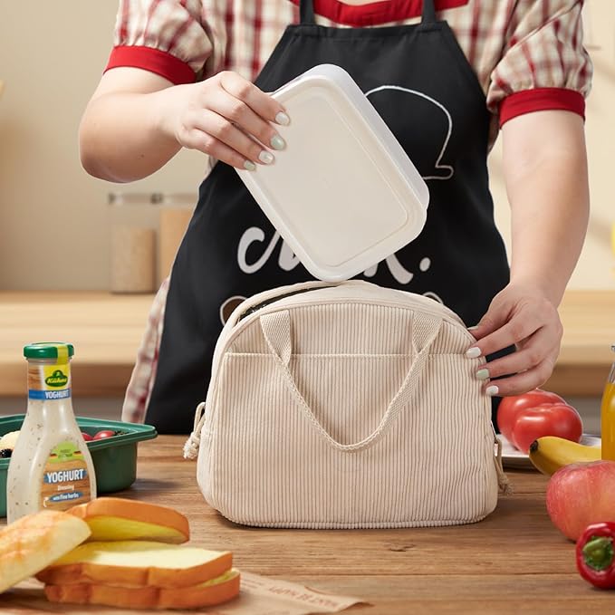 Corduroy Lunch Tote Bag, Pure Beige, Insulated Thermal Cooler, Portable and Large Capacity for Office, School, or Picnic, 8.5L
