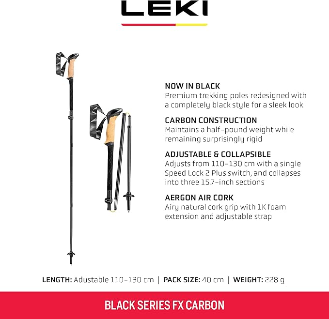 LEKI Black Series FX Carbon Collapsible Lightweight Walking Poles for Trekking & Hiking