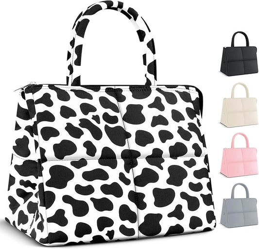 Coobiiya Stylish Quilted Puffer Lunch Box Lunch Bag for Women Men, Ultralight Thickened Leakproof Lunch Cooler Tote, Adult Small Cute Reusable Insulated Lunch Box for Work, Office, Travel (Cow)