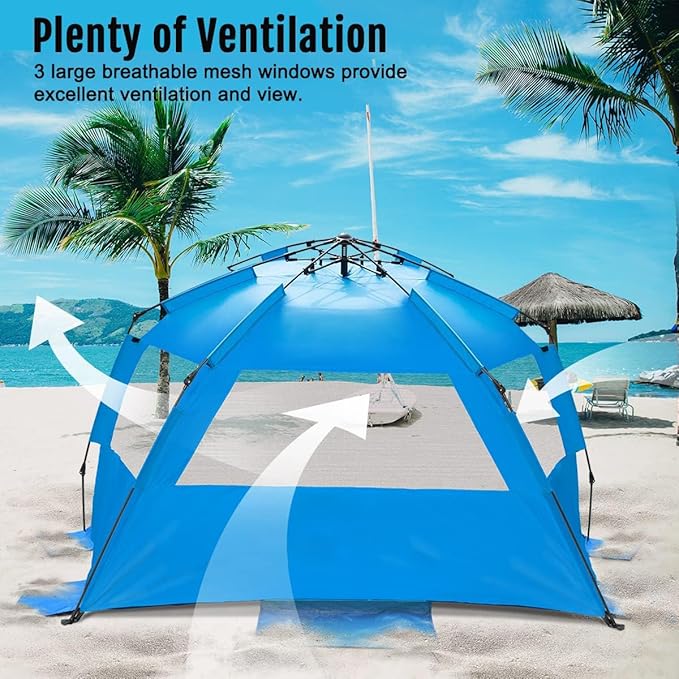 WhiteFang Deluxe Pop Up Beach Tent Sun Shade Shelter for 3-4/5-6 Person, UV Protection, Extendable Floor with 3 Ventilating Windows Plus Carrying Bag, Stakes, and Guy Lines
