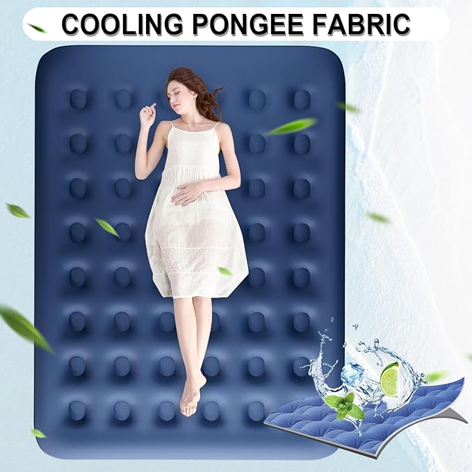 Air Mattress Queen with Built-in Pump - 3 Min Fast Inflation/Deflation Wireless Rechargeable Pump, Portable Camping Air Bed, Cooling Pongee Fabric Blow Up Mattress, (18" Indigo)