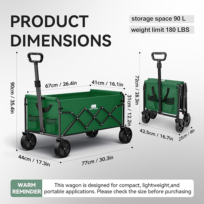 Collapsible Foldable Wagon, Foldig Cart with Wheel Heavy Duty with 180lbs Weight Capacity Lightweight Utility Camping Wagon for Groceries Garden Beach Sports Fishing (Green)