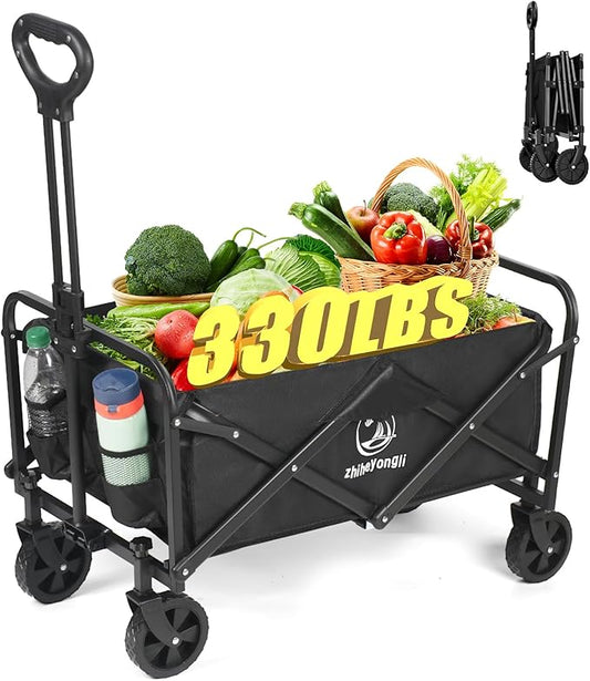 Folding Wagon Cart, Portable Large Capacity Beach，Heavy Duty Utility Collapsible with All-Terrain Wheels，Cart Foldable Wagon for Camping,Shopping,Beach, Garden (Black)