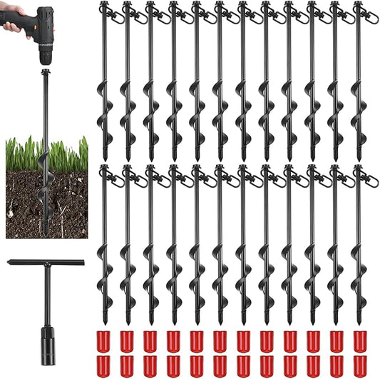 Reginary 24 Pcs Ground Anchors Screw in Tent Stakes Heavy Duty Trampoline Anchors High Wind for Camping Canopy Carport Sheds Beach Sand Stakes Metal Swing Set (Black)