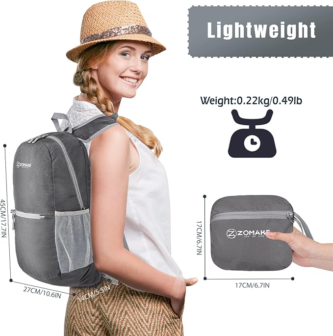 ZOMAKE Ultra Lightweight Hiking Backpack 20L, Packable Small Backpacks Water Resistant Daypack for Women Men(Medium Grey)