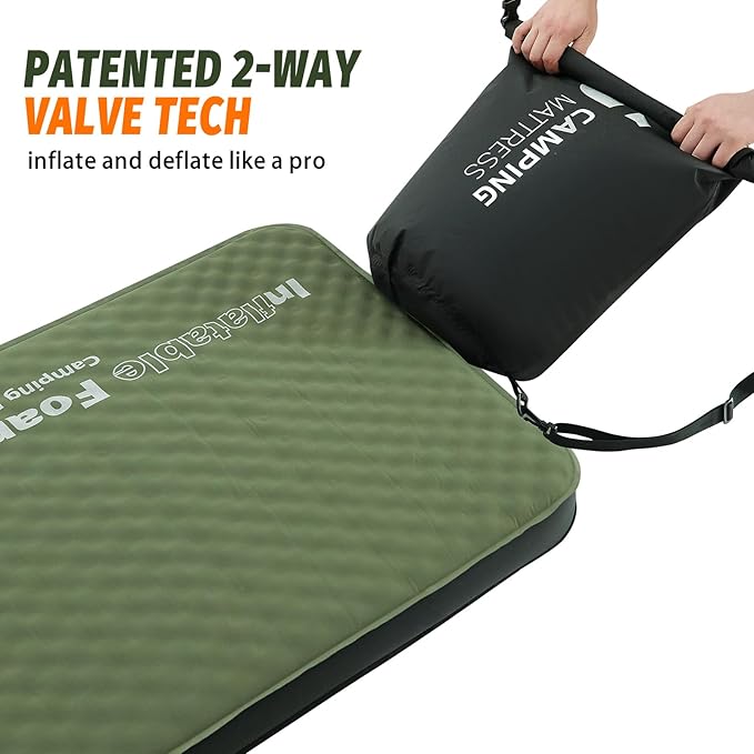 CYMULA Self Inflating Double Sleeping Pad, 4in Ultra-Thick Foam Camping Mattress 2 Person with Air Pump Sack Floor Bed for Adults Inflatable Sleeping Mat Camping Essentials for Travel, Army Green