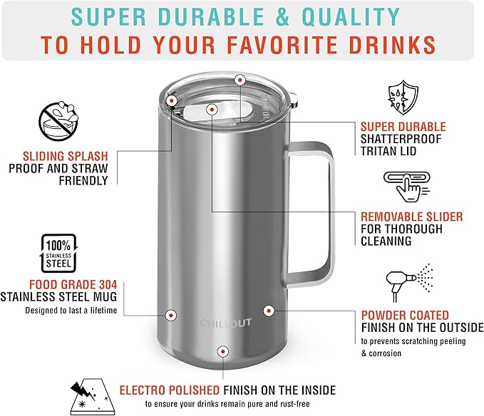 CHILLOUT LIFE Stainless Steel Vacuum Insulated Coffee Mug 16 oz (Set of 2) with Handle and Lid, Large Thermal Camping Coffee Mugs with Sliding Lid for Men & Women, Keeps Your Beverages Hot & Cold