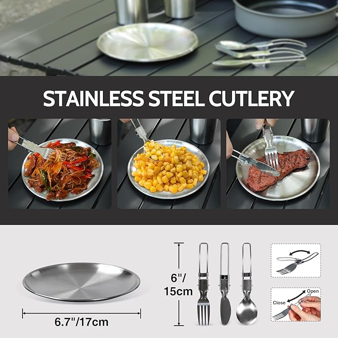 REDCAMP 12/14/15/19 PCS Camping Cookware Mess Kit Camping Gear Campfire Utensils Lightweight Stackable Pot Pan Bowls Soup Spoon with Storage Bag for Camping, Backpacking, Outdoor Cooking, Picnic