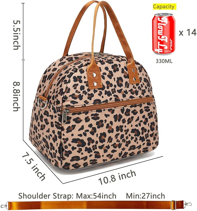 FlowFly Insulated Lunch Bag With Shoulder Strap for Women, Men, and Kids, Large and Reusable, Handle, Freezable Work and School Travel Tote and Meal Prep Organizer,Leapard
