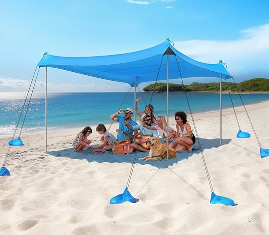 Rhino Valley Beach Tent Sun Shelter, 10x10FT Beach Canopy Tent Sun Shade UPF50+ Protection with 8 Sandbags 4 Stability Poles, Outdoor Beach Shade Canopy 6-8 People for Beach Camping Fishing