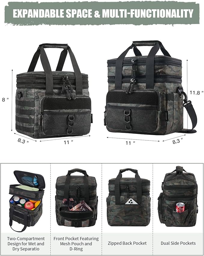JOYHILL 18 L Tactical Lunch Box - Insulated, Leakproof, and Expandable Double-Deck Cooler Bag for Work, Camping, Picnic - Durable Black Lunch Bag for Adults, 24 Can