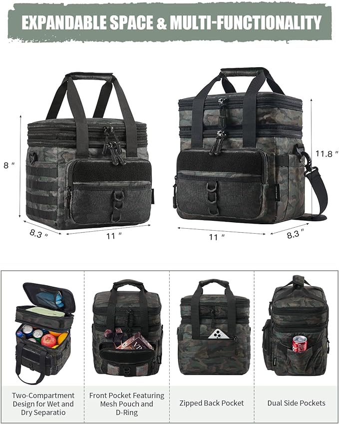 JOYHILL Tactical Lunch Box for Men, Double Deck Expandable Insulated Lunch Bag, Large Durable Thermal and Cooler Bag for Adult, Modern Leakproof Bag for Adult Work, Camping, Picnic, Navy,18 L/24 Can